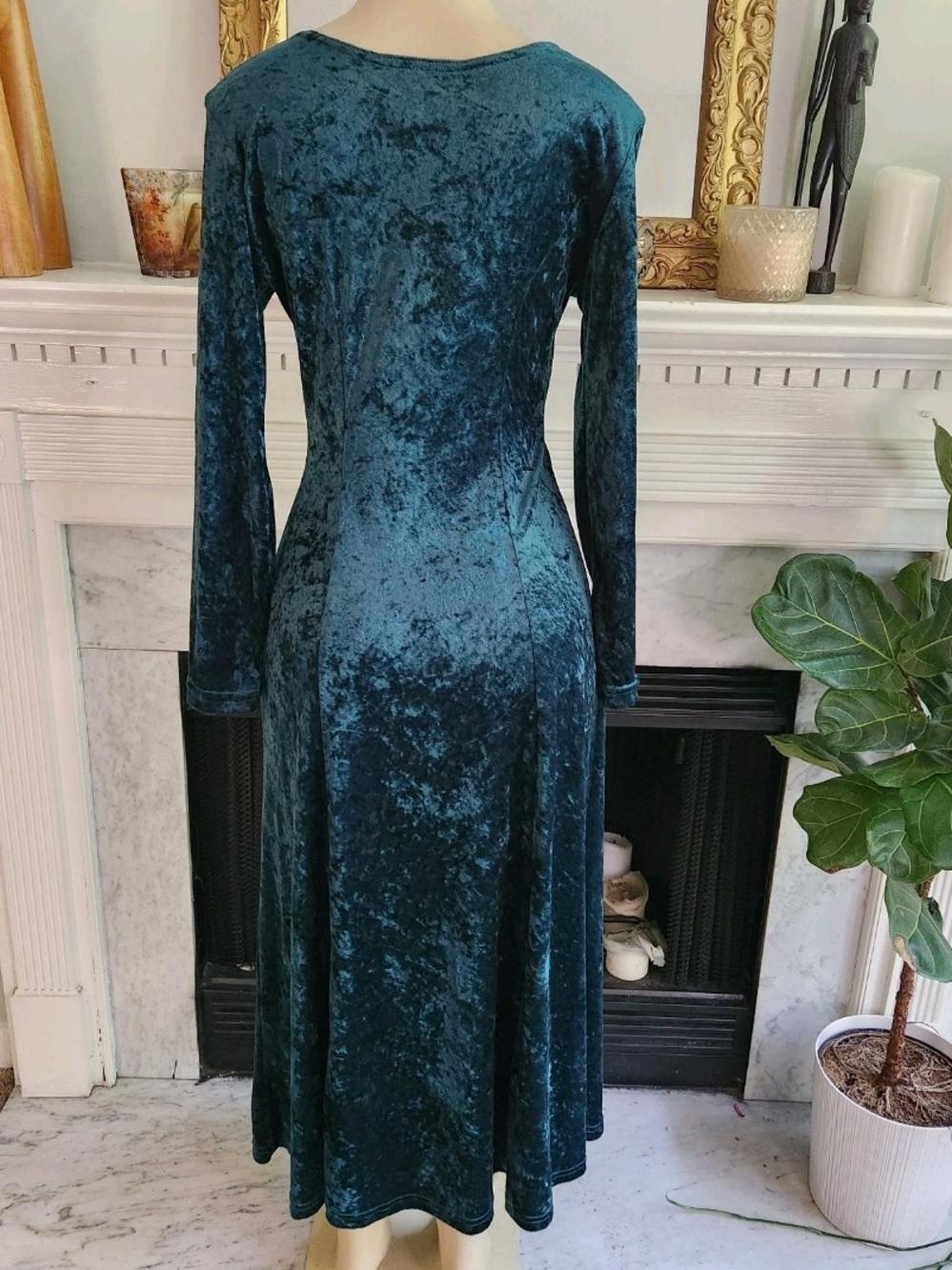 Vintage 80s All That Jazz Green Dress Size M Crushed Velvet Midi Whimsigoth Boho - Picture 5 of 9